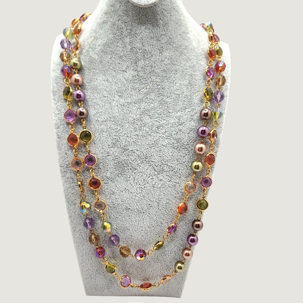 Statement Station Necklace Long Multicolor Open Bezel Lucite and Faux Pearl 60"